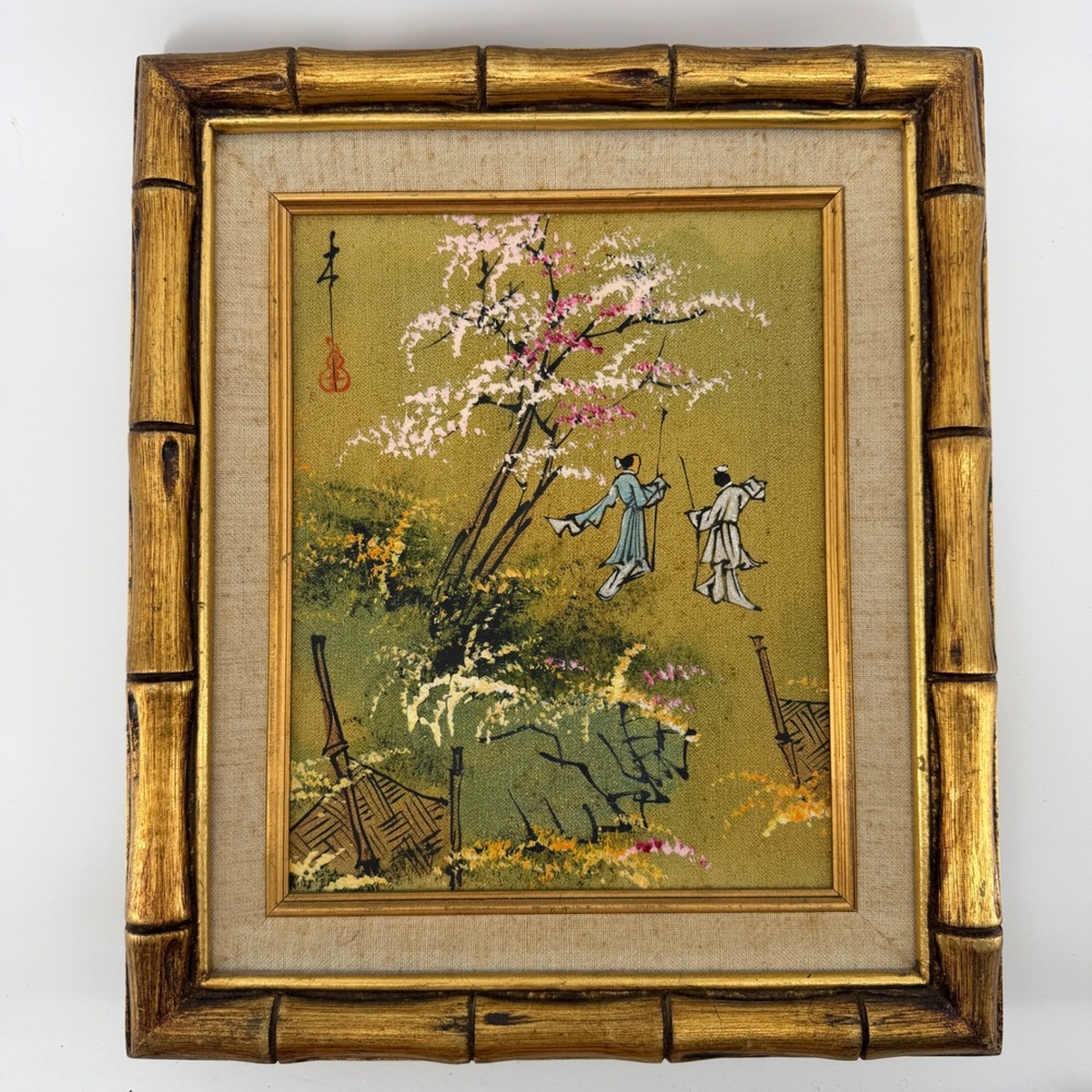 Vintage Chinoiserie Oil Painting Cherry Blossom Gold Faux Bamboo Frame 13.5x11.5